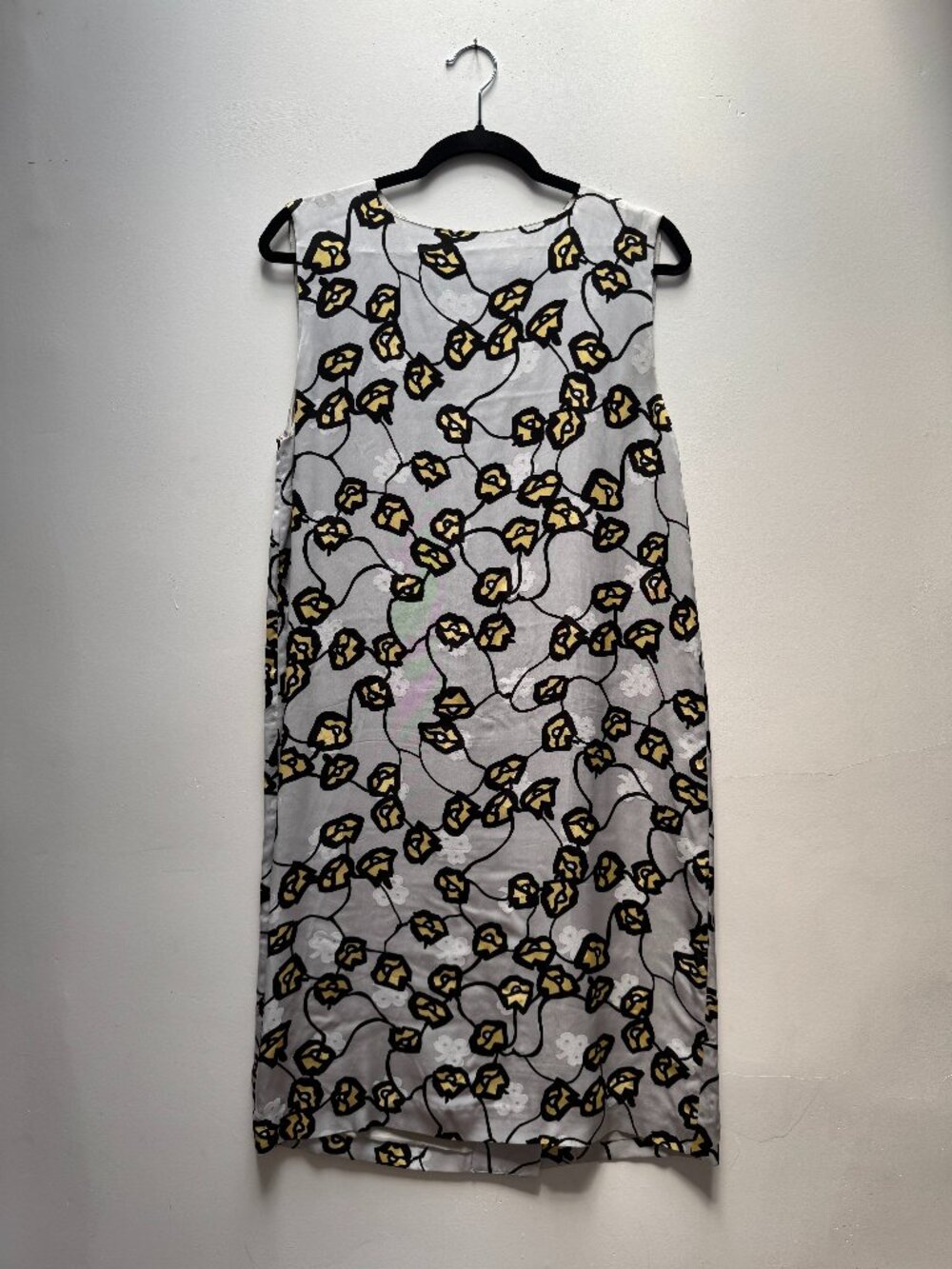 Marni Silky Silver Shift Dress With Black and Yellow Floral Pattern